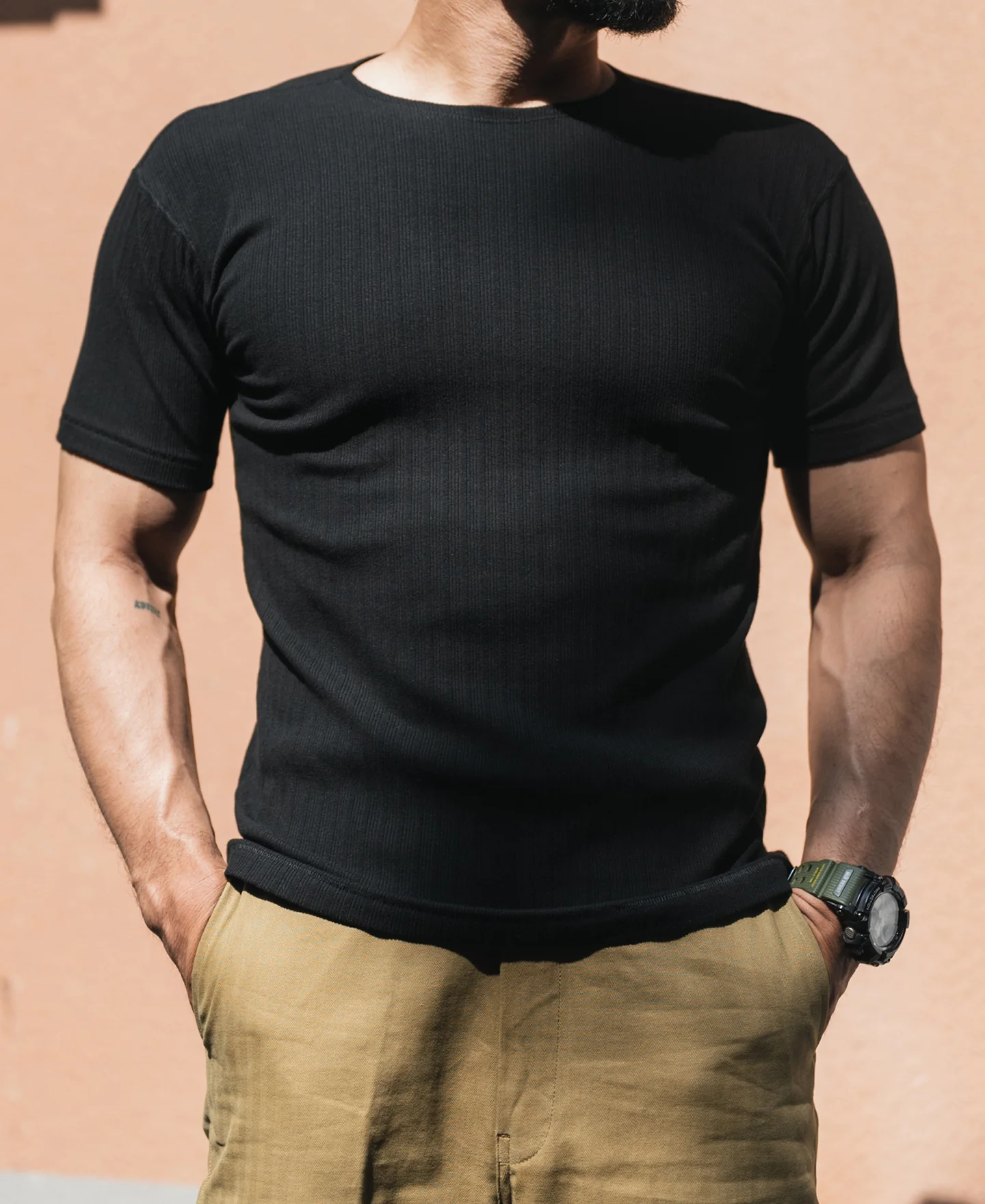 1950s Ribbed Cotton-Spandex Blend T-Shirt - Black - Image 3
