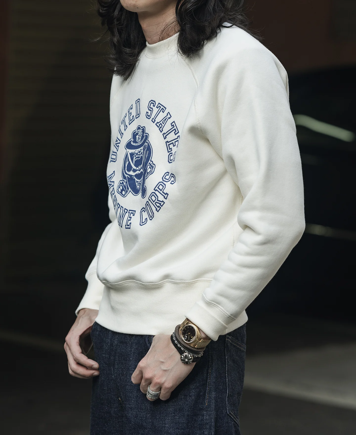 1980s Marine Devil Dog Raglan Sweatshirt - White - Image 3