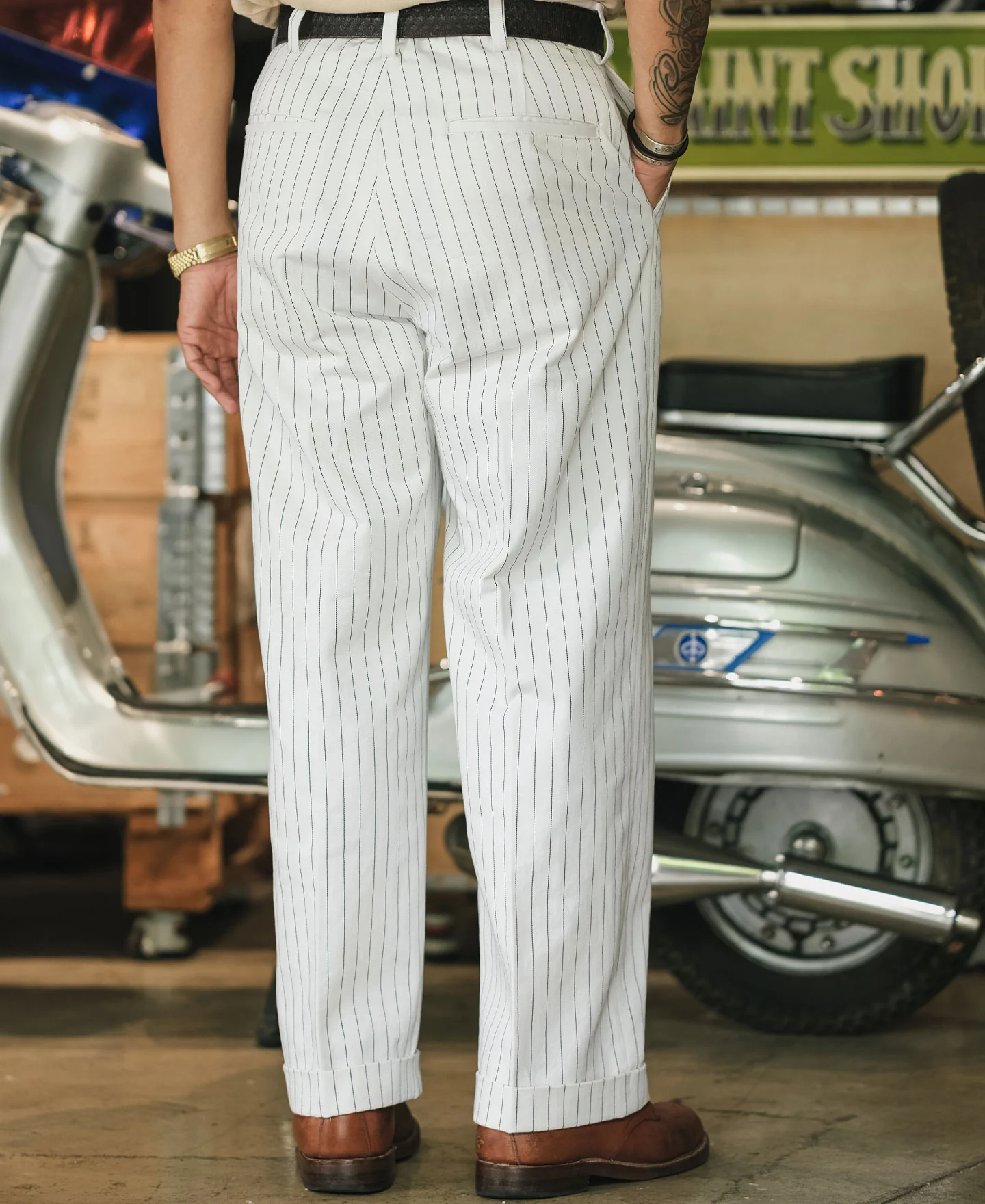 Lot 955 1950s Motorcycle Mechanic Stripe Work Pants - White - Image 6