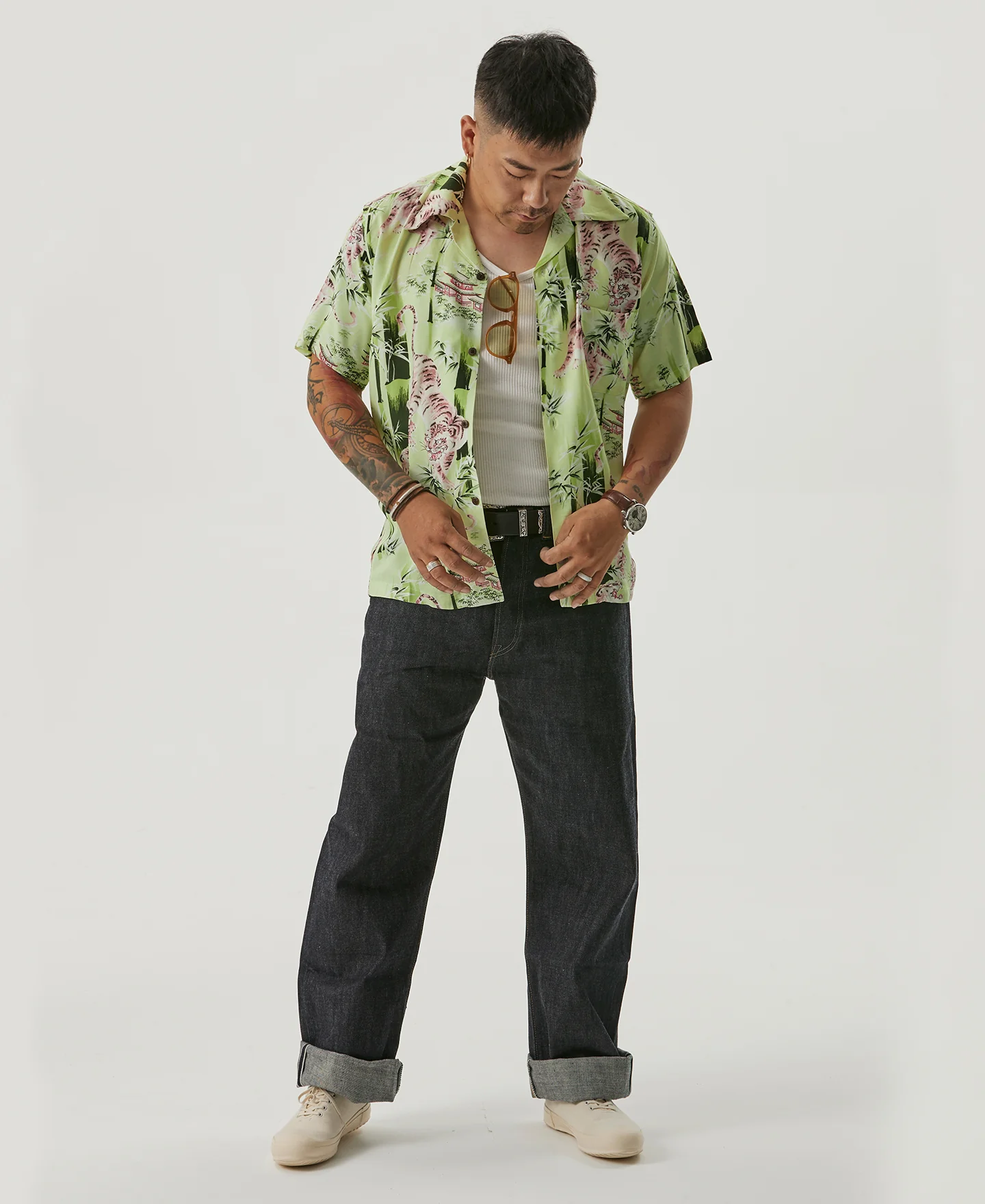 Ukiyo-e Tiger & Bamboo Pattern Aloha Shirt - Light Green - Image 3