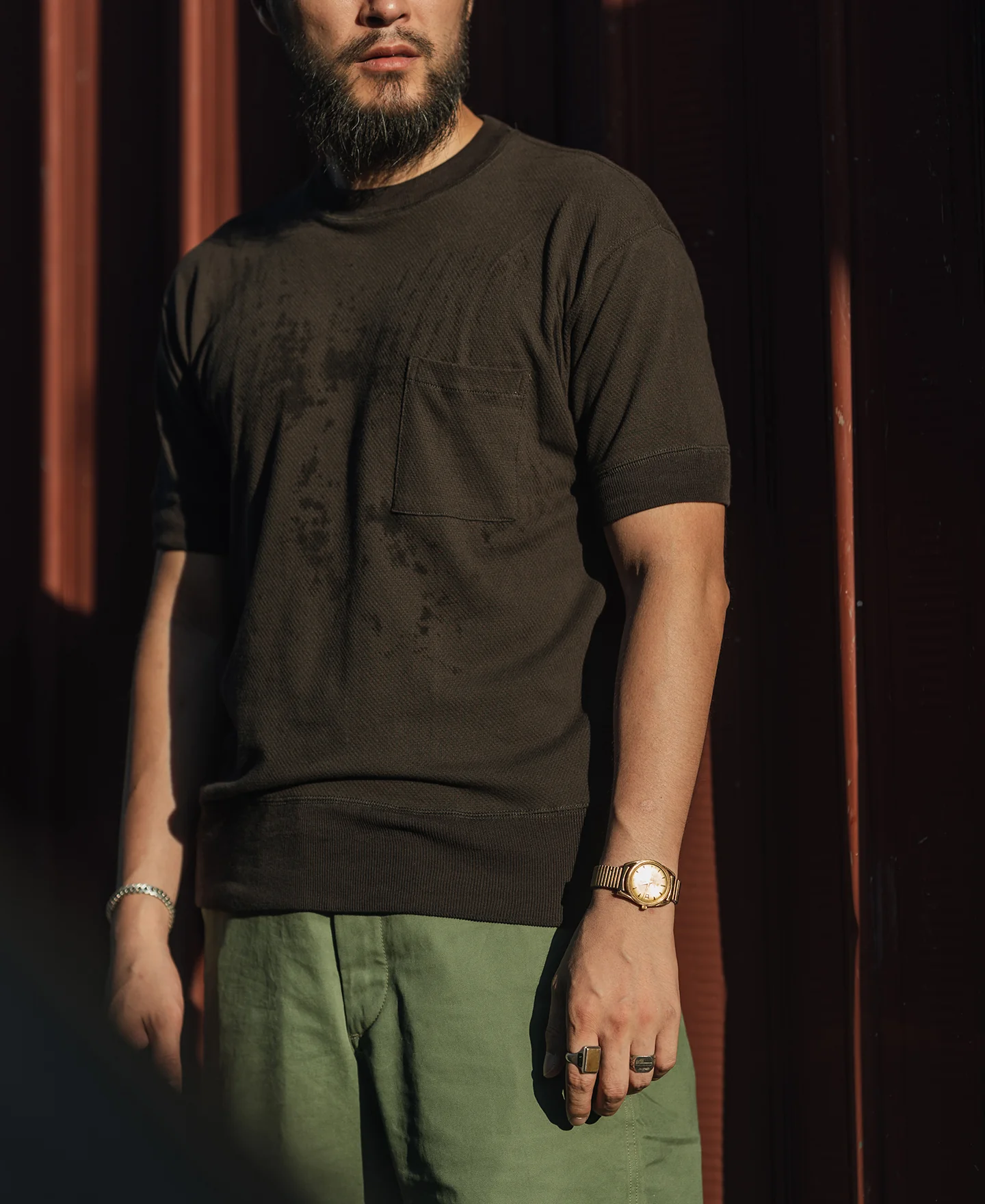 Waffle Knit Pocket T-Shirt - Black - Image 5